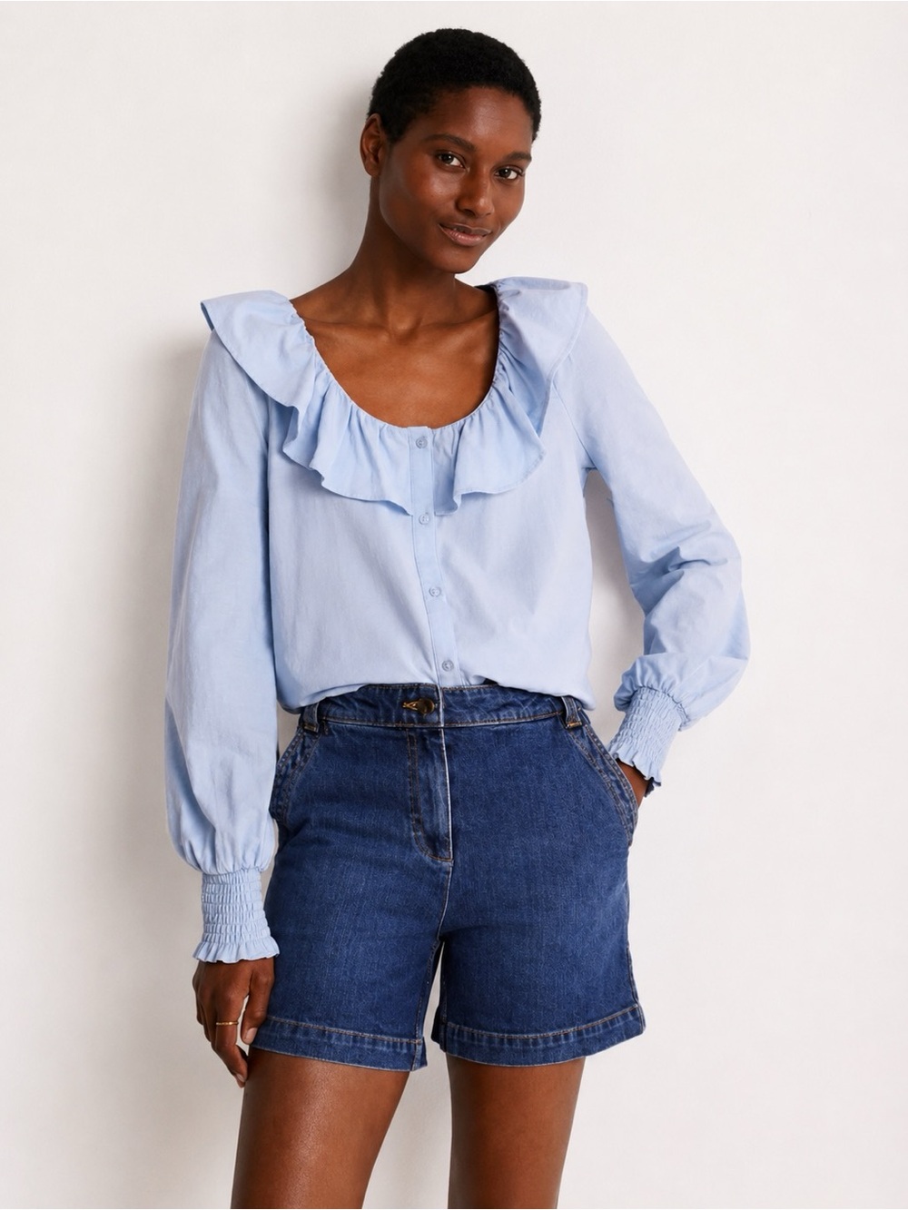 Boden Scoop Frill Neck Jersey Top Light Blue 100% Cotton Women Size US 4